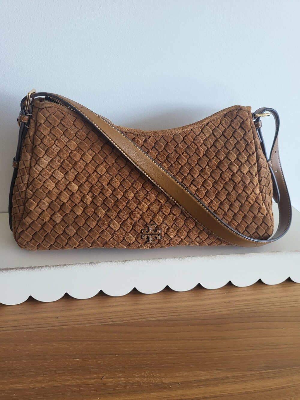 Tory Burch Woven Suede Shoulder Bag in Brown